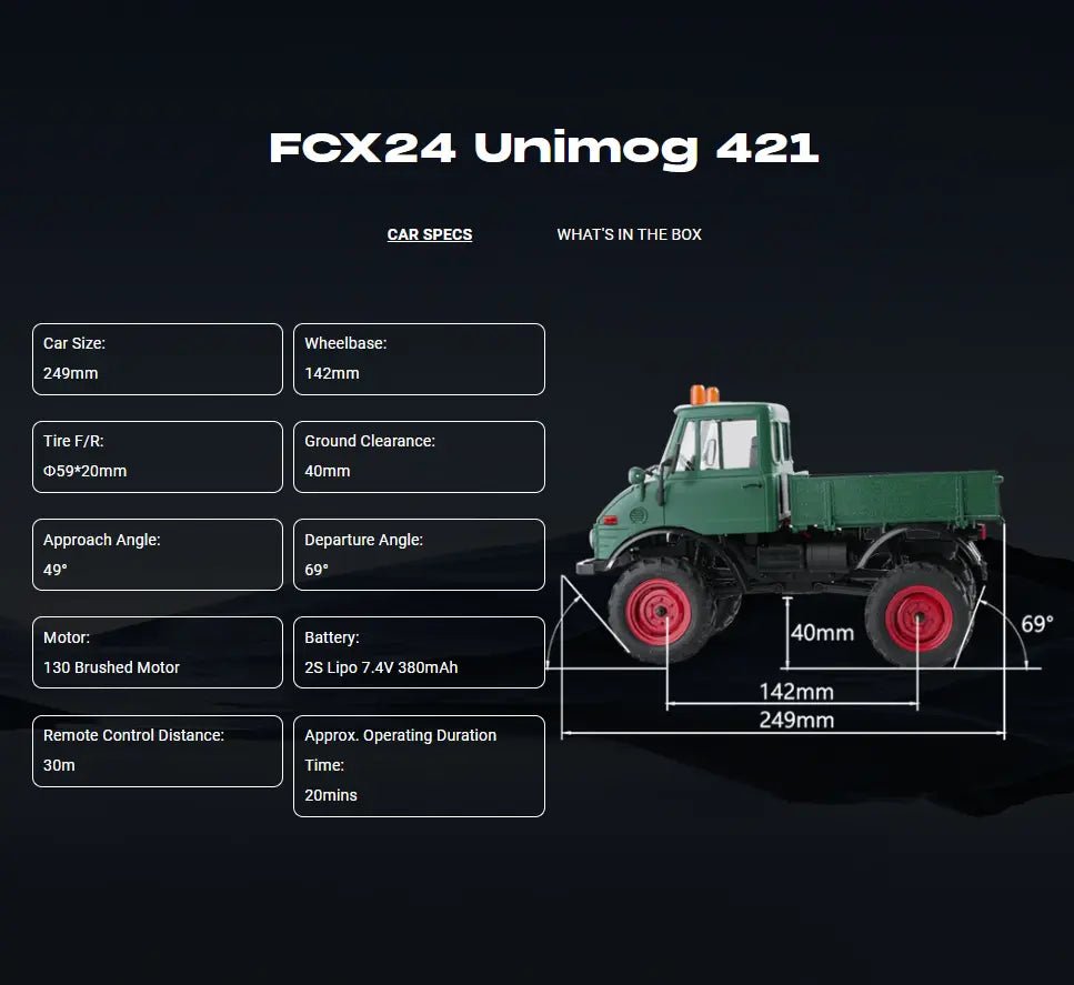 Auto a Control Remoto - 1/24 Mercedes - Benz Unimog 421 - FMS FCX24 Verde, Gris o Rojo - Jugueteria del Sur