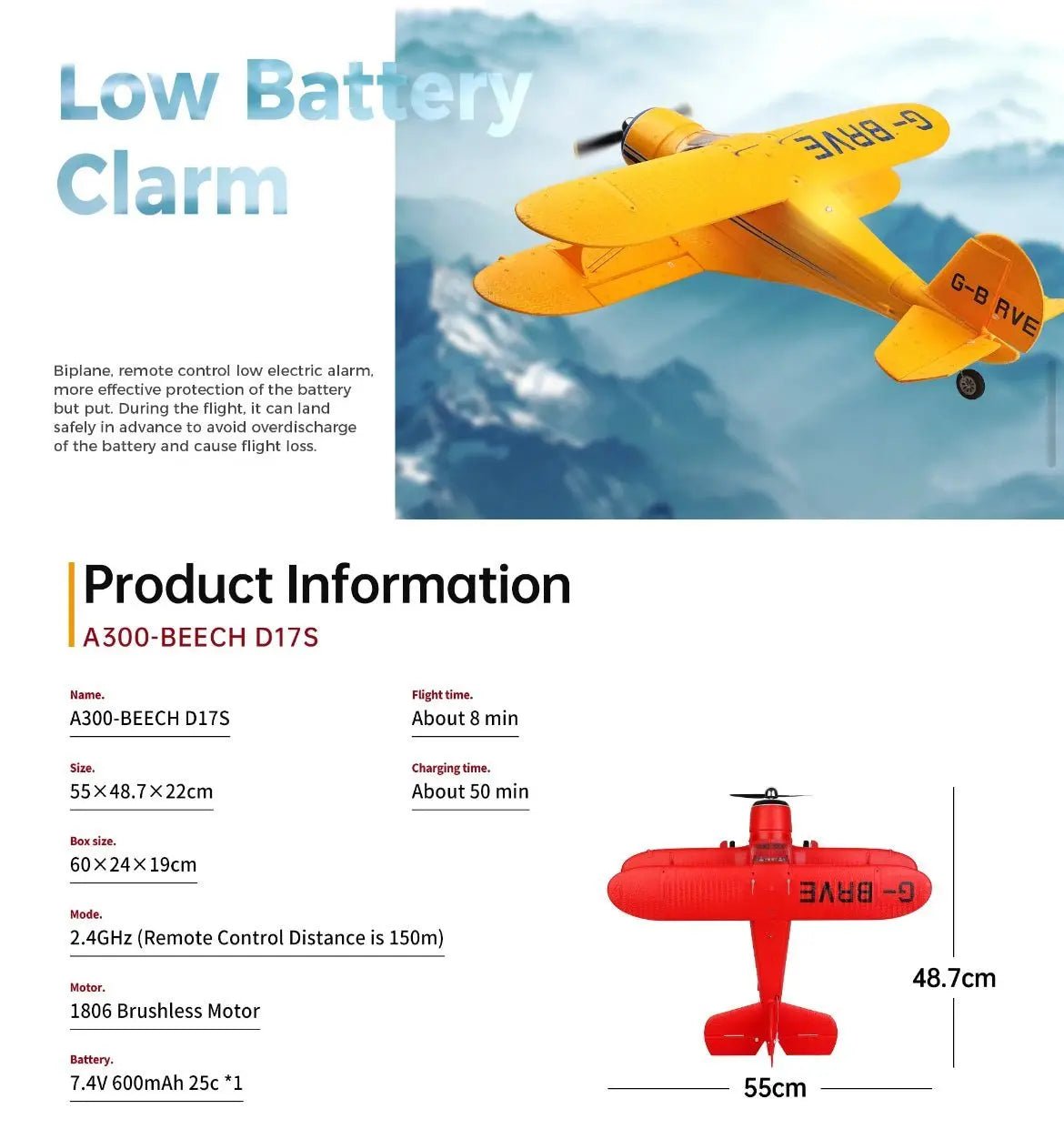 Avión a Control Remoto - 420mm Beechcraft D17 Staggerwing - Wltoys A300 Rojo - Jugueteria del Sur