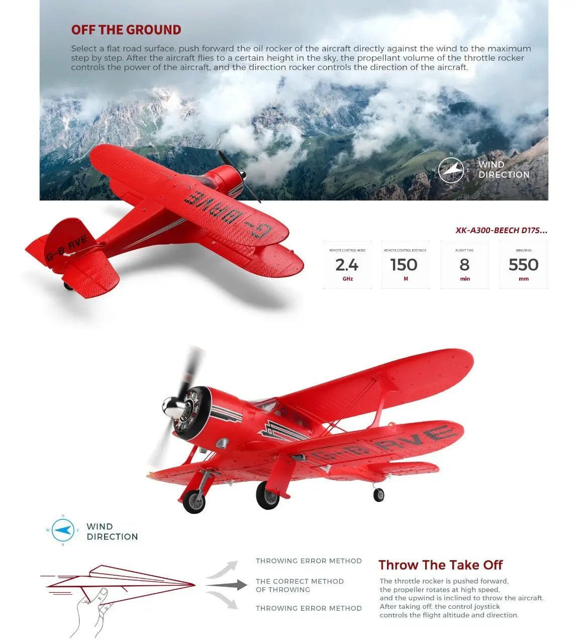 Avión a Control Remoto - 420mm Beechcraft D17 Staggerwing - Wltoys A300 Rojo - Jugueteria del Sur