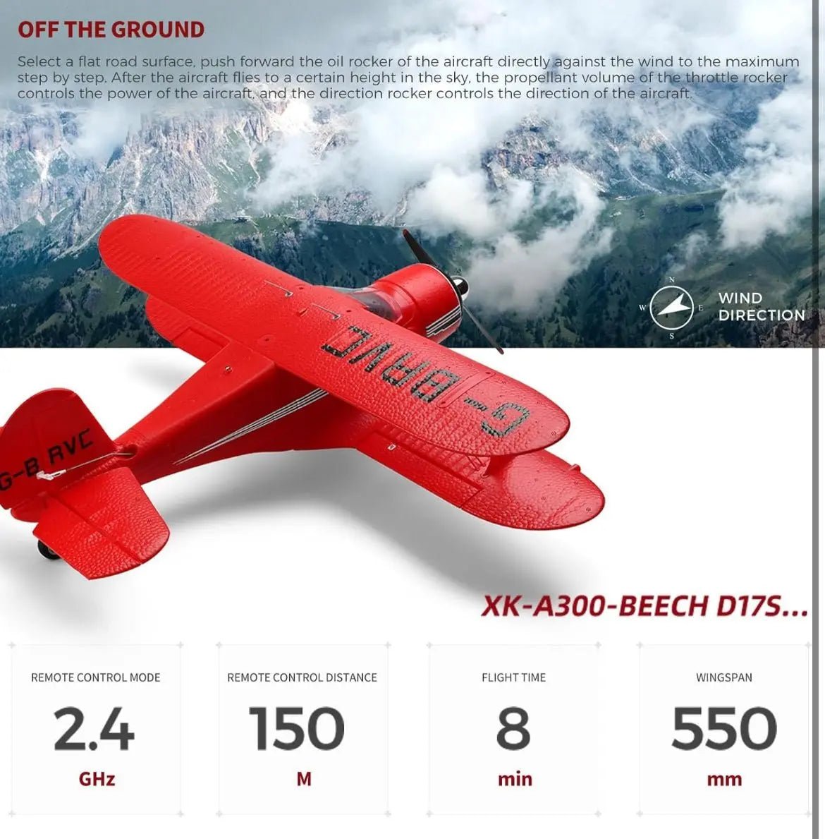 Avión a Control Remoto - 420mm Beechcraft D17 Staggerwing - Wltoys A300 Rojo - Jugueteria del Sur