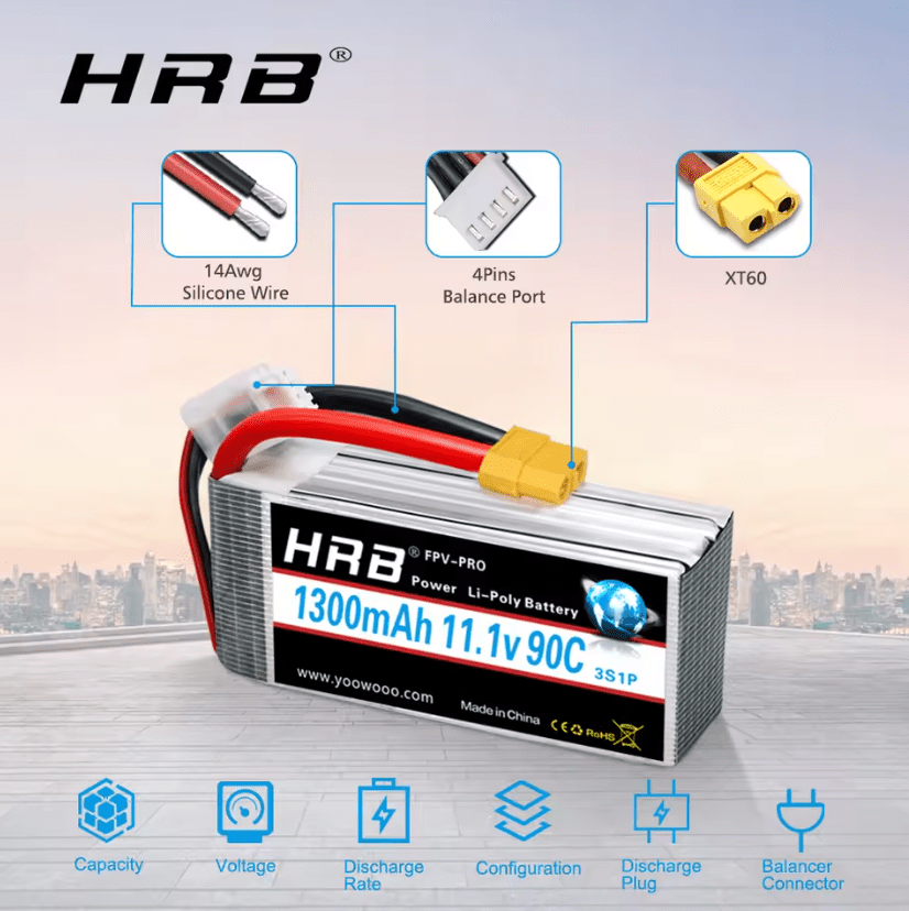 Batería Lipo - 11.1V 1300mah 90C 3S XT60 - HRB - Jugueteria del Sur