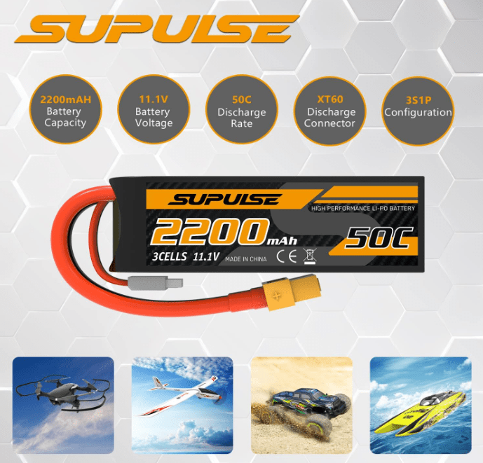 Batería Lipo - 11.1V 2200mah 3S XT60 Plug - SUPULSE - Juguetería del Sur