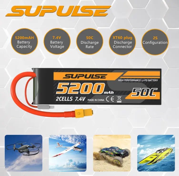 Batería Lipo - 7.4V 5200mah 2S XT60 Plug - SUPULSE - Jugueteria del Sur