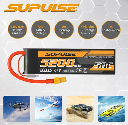Batería Lipo - 7.4V 5200mah 2S XT60 Plug - SUPULSE - Jugueteria del Sur