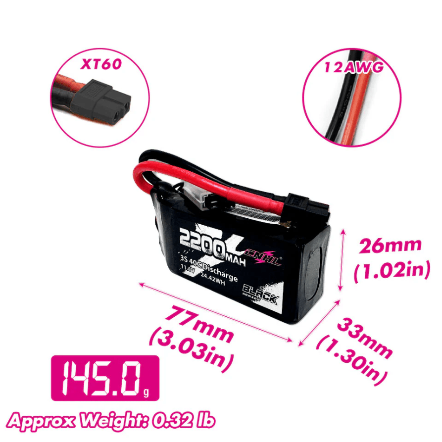 Batería Lipo - Conector XT60 - 11,1V 2200mAh Short 40C 3S CNHL - Juguetería del Sur