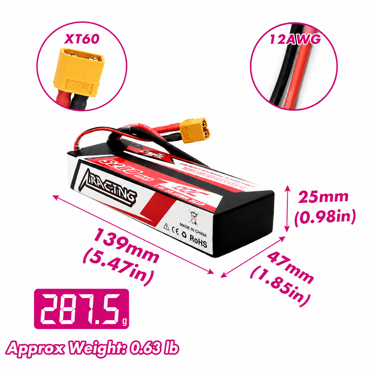 Batería Lipo Hard Case - Conector XT60 - 7,4V 5200mah 100C, 2S - CNHL - Jugueteria del Sur